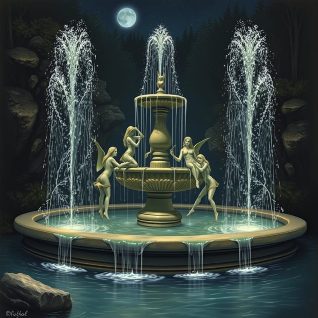 Mythical Fountain Scene Unveiled at Night