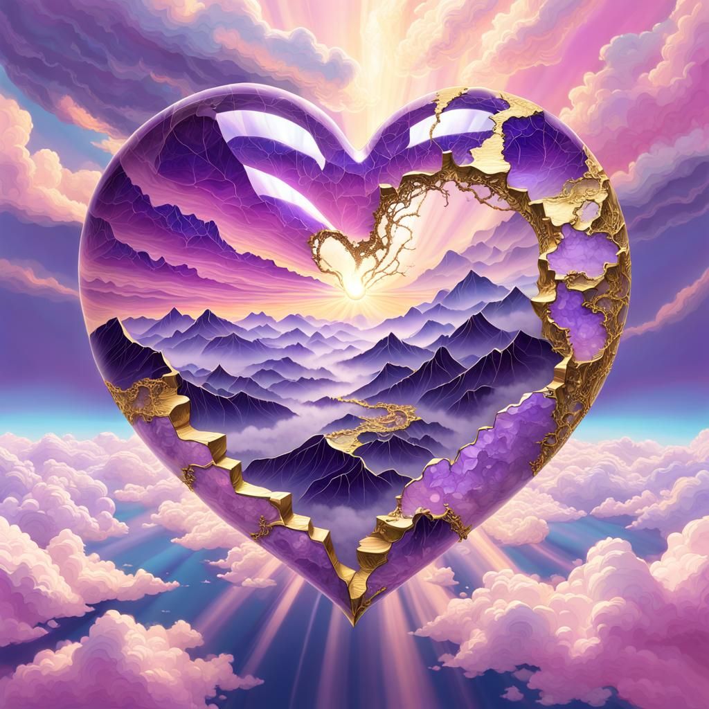 Amethyst Heart with Gold Cracks in Pink Clouds