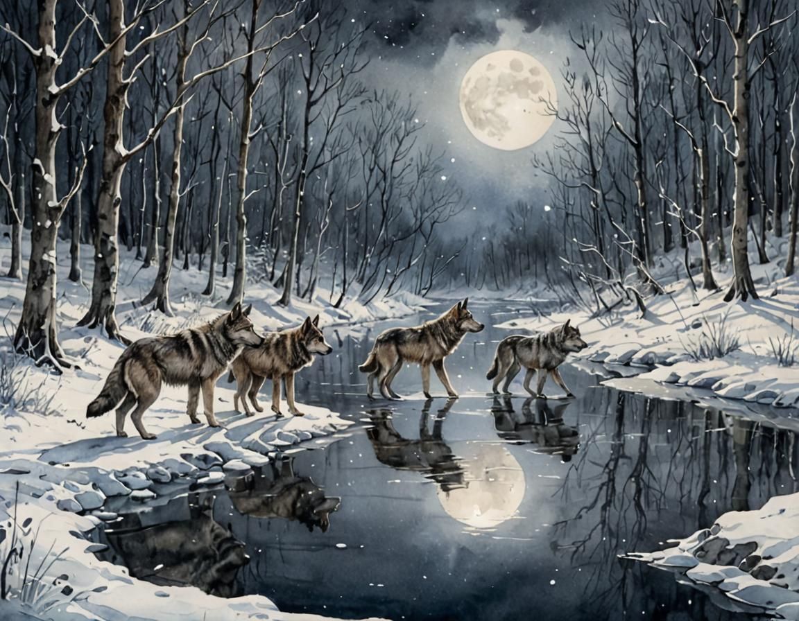 Wolves in Snowy Forest, Watercolor and Ink Style