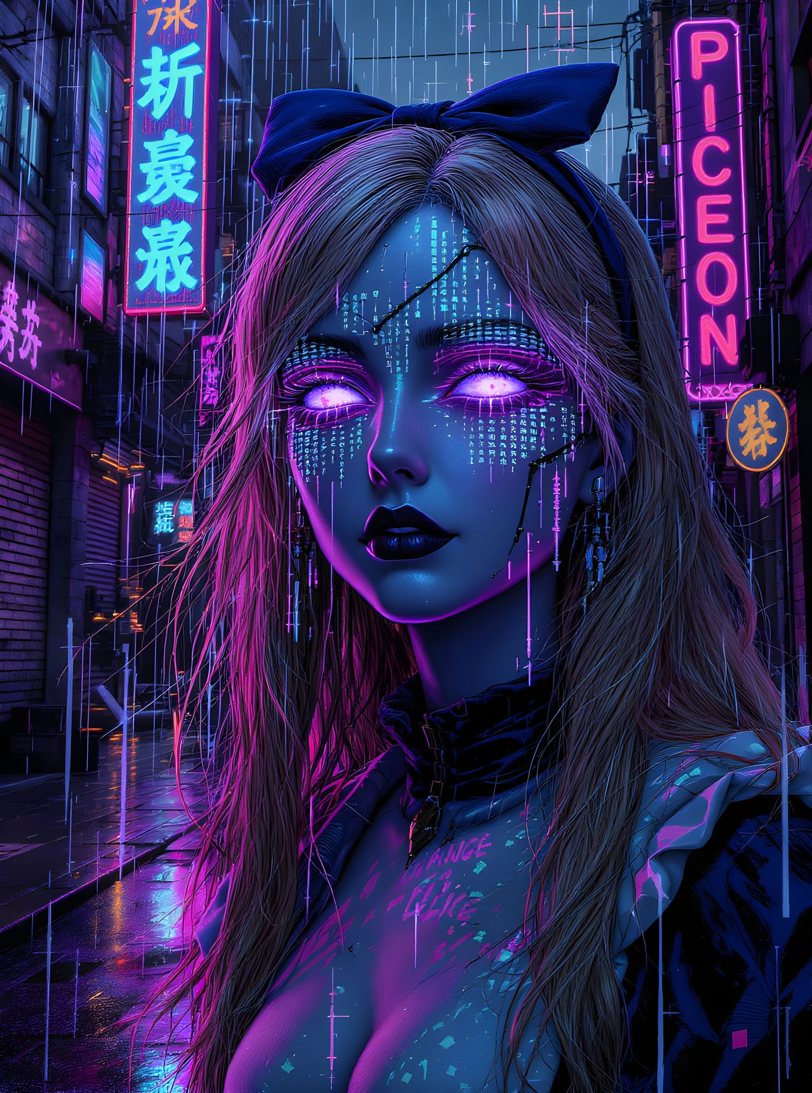 Cyberpunk Alice with Code Eyes in Neon Alley