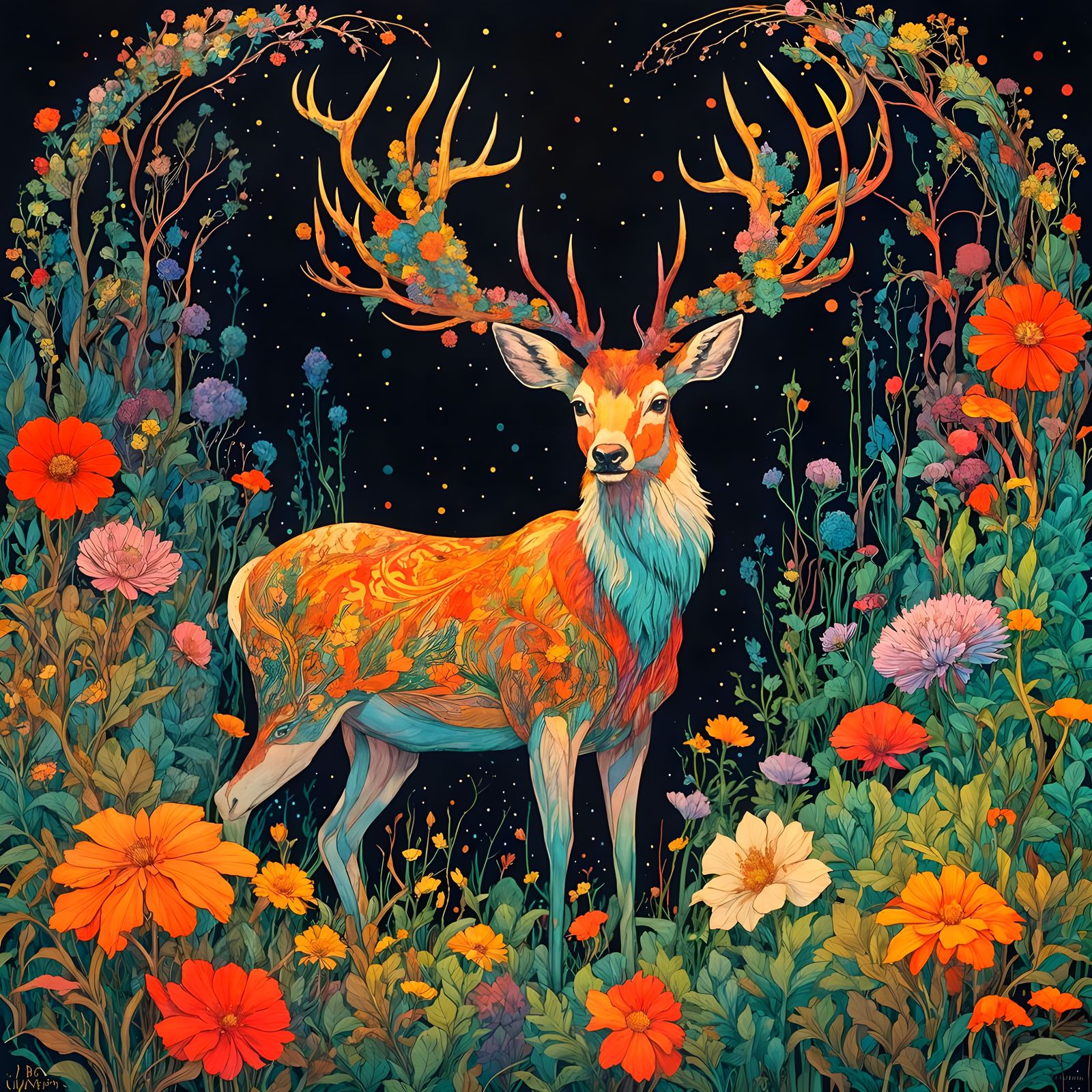 Majestic Deer in Surreal Floral Landscape