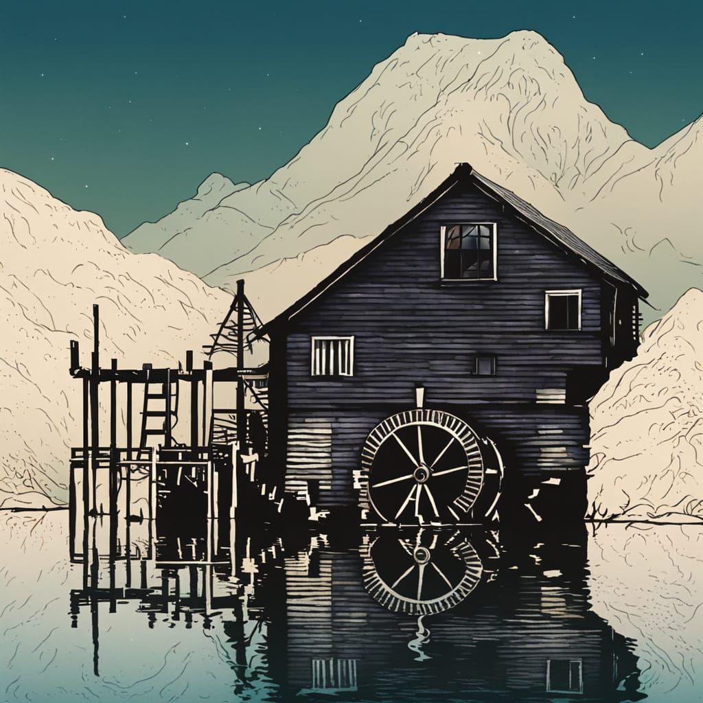 Peaceful Waterwheel Scenes in a Serene Landscape