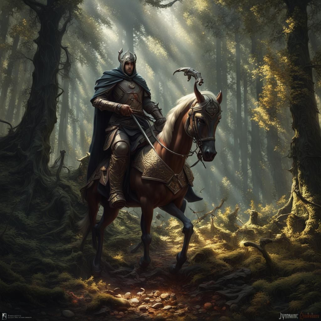 Wounded Knight Resting in Dark Forest, Detailed Fantasy Art