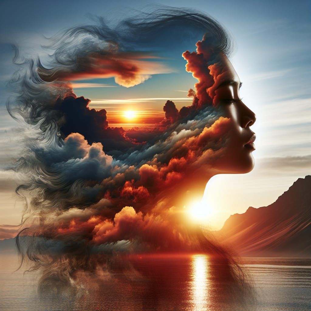 Harmonious Fusion: Woman and Sunset Landscape