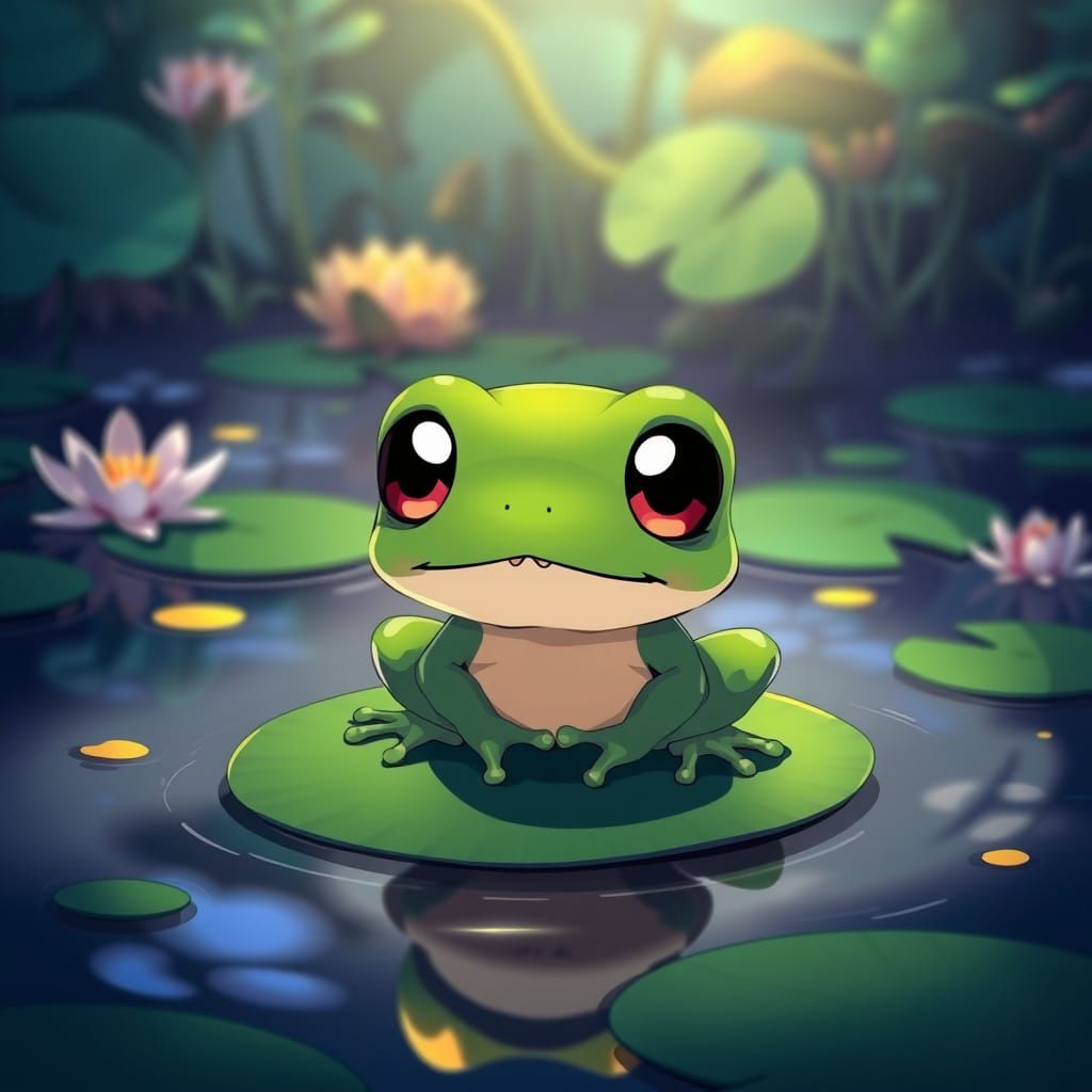 Adorable Baby Frog in Serene Pond Landscape