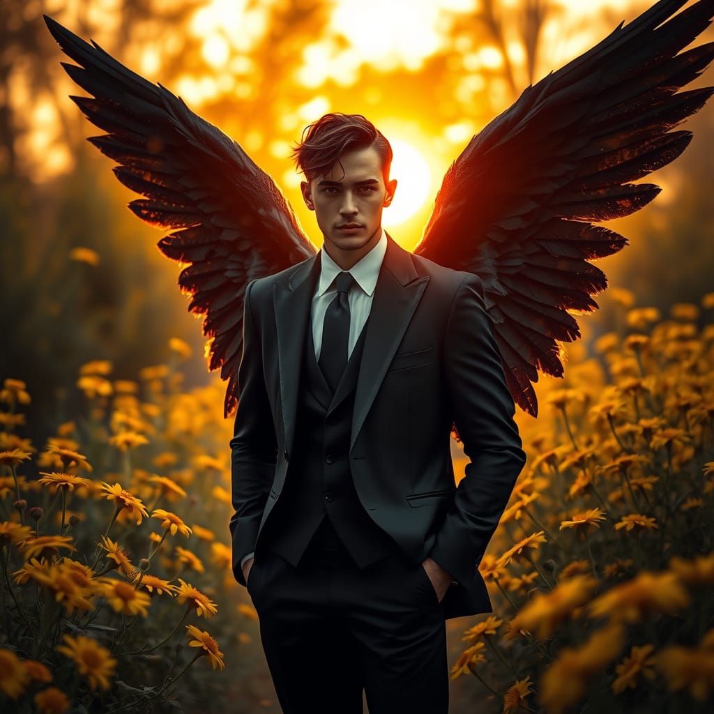 Dark Angel in Black Suit Shimmering in Golden Sunset