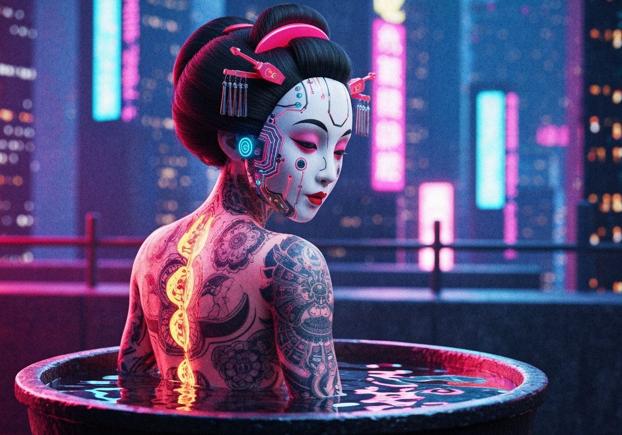 Cyberpunk Geisha: Tattooed Back in Neon Cityscape