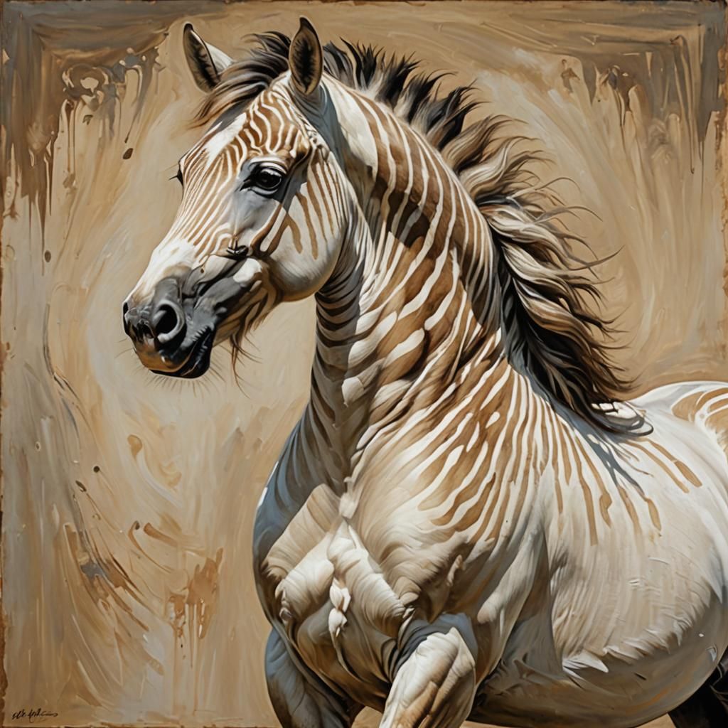 Oil Painting of a White Zebra Dun Stallion