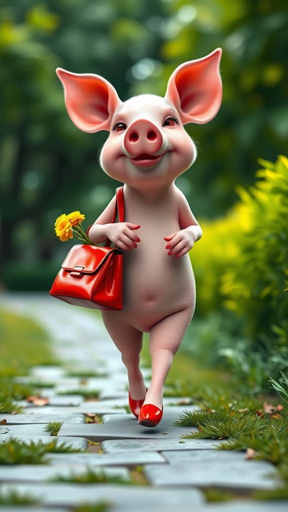 Cartoon Pig Walks with Flowers in Whimsical Style