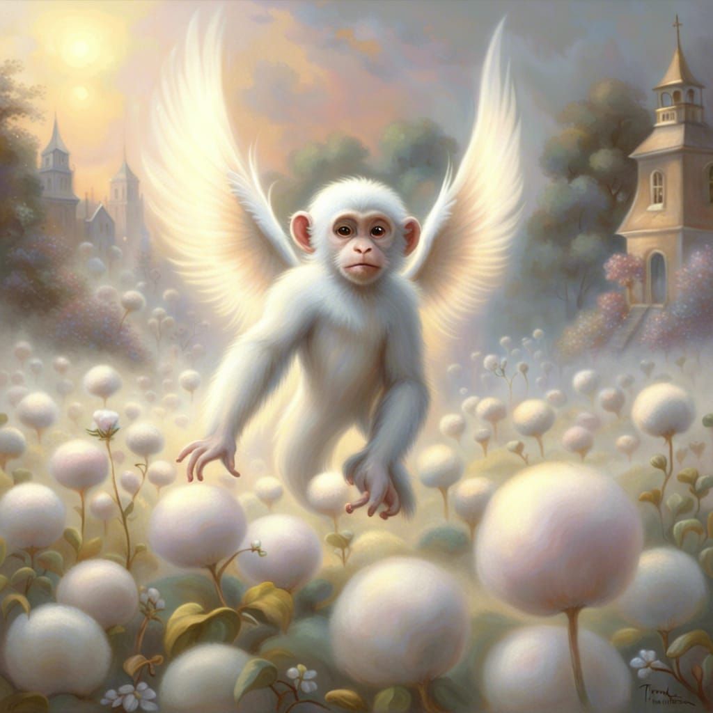 Angel Monkey's Ethereal Flight Over Candy Field