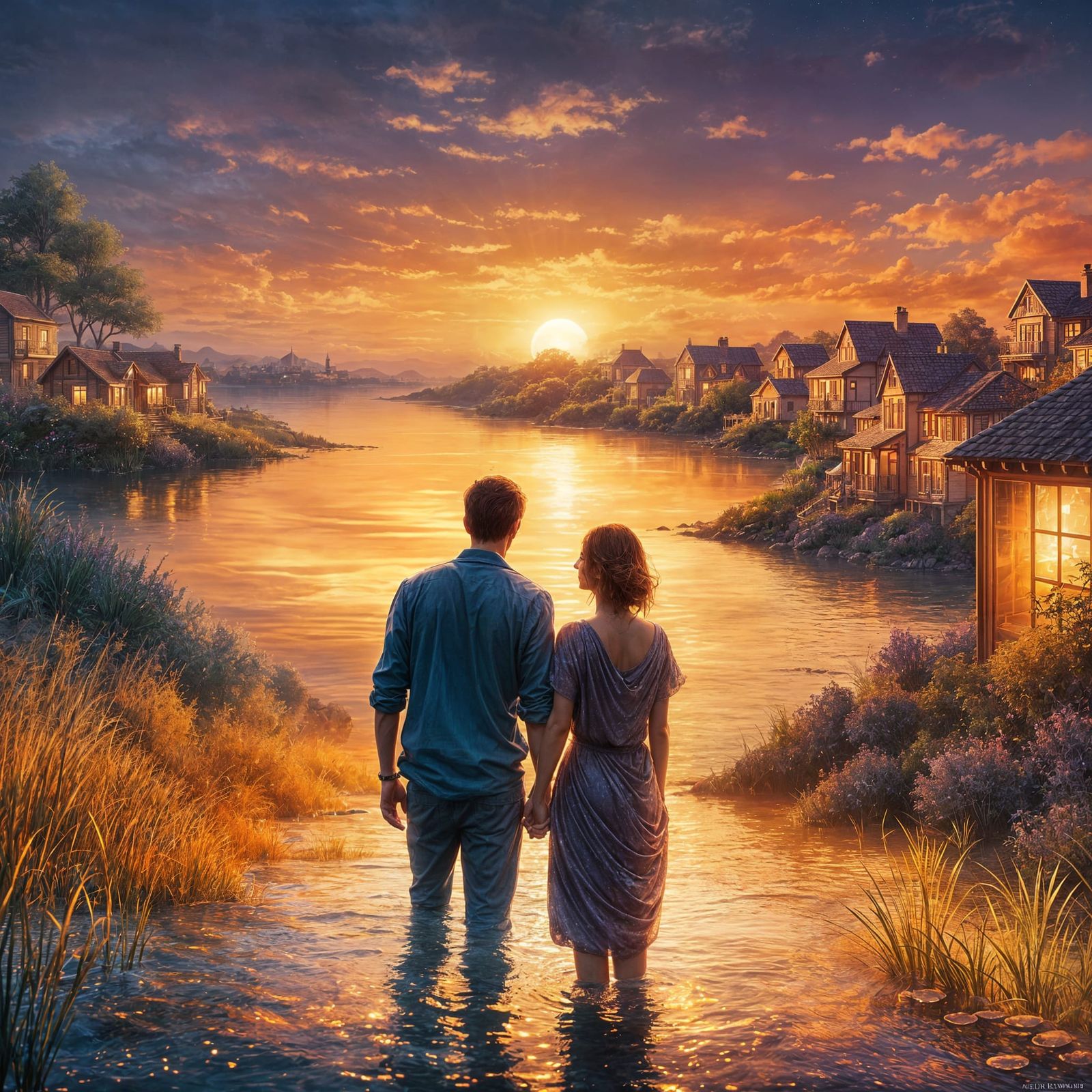 Couple's Serene Sunset Moment in Hyperrealistic Style