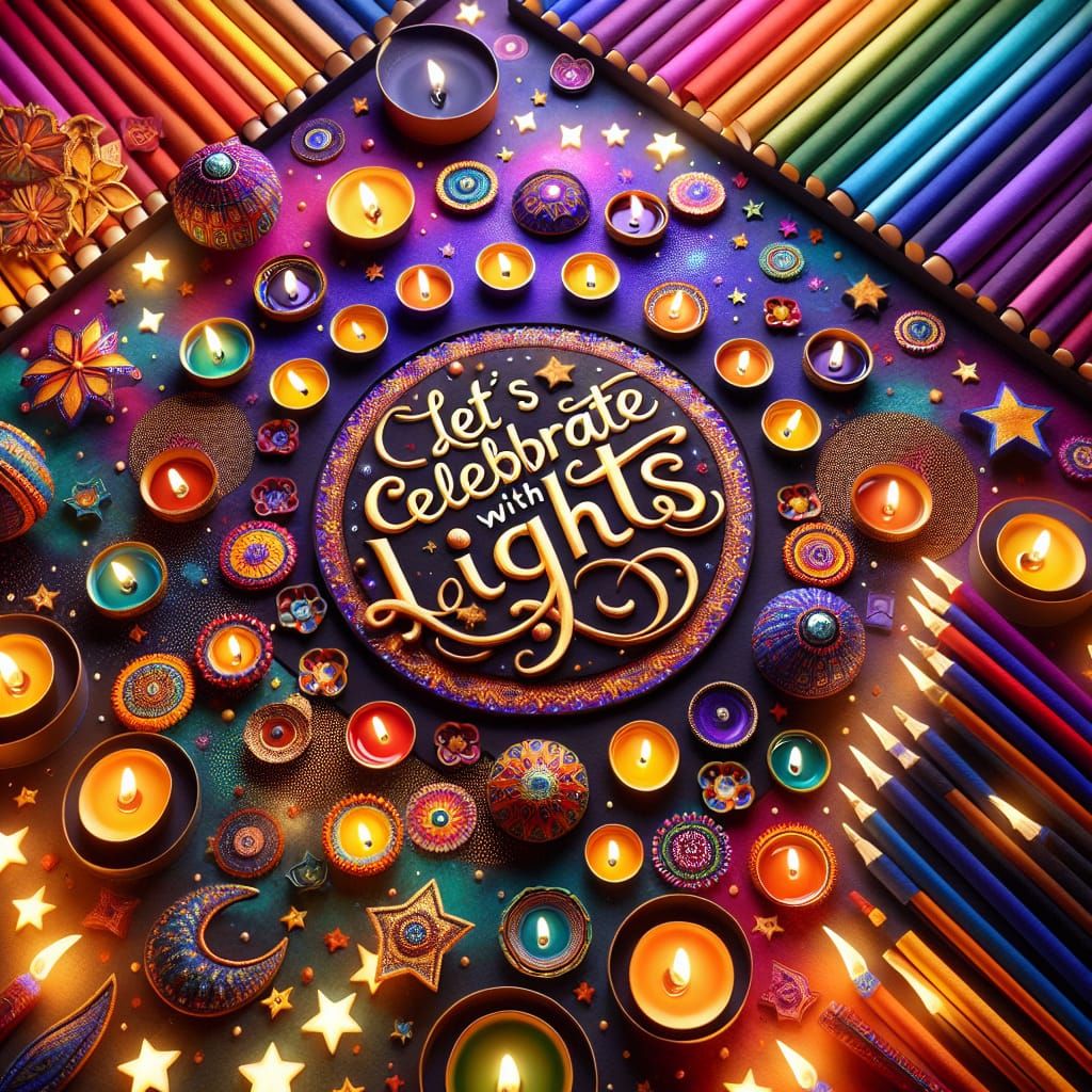Cute 'Let's Celebrate with Lights' Text with Diyas and Stars