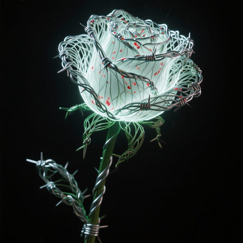Barbed Wire Rose Sculpture with Bioluminescence