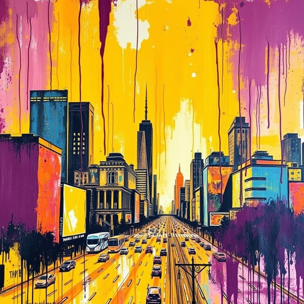 Vibrant Cityscape in Expressive Drip Painting Style