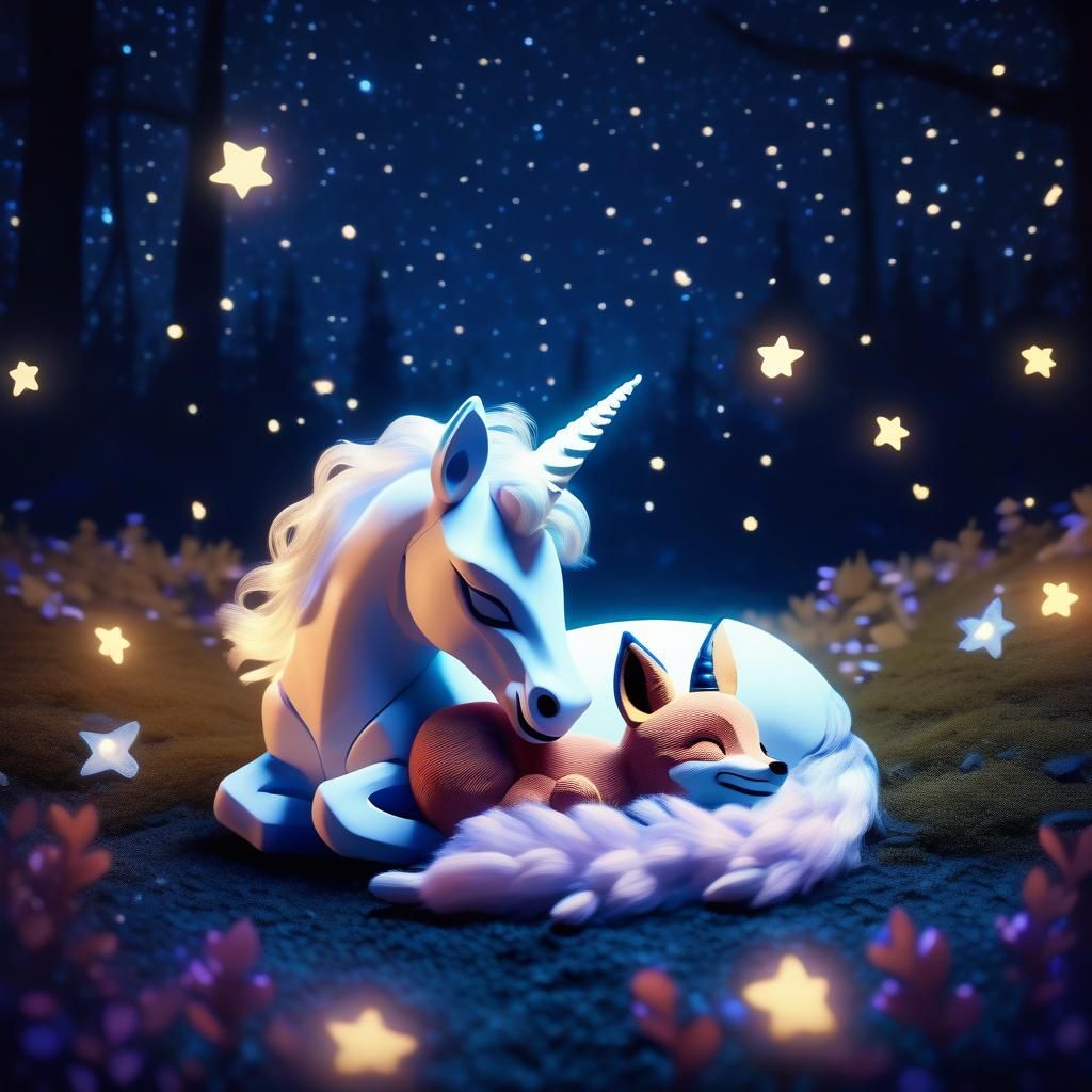 Baby Unicorn and Fox Asleep in Magic Forest