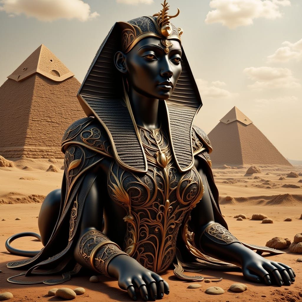 <lora:Organic Macabre Flux:1.0> The Sphinx is setting in a r...