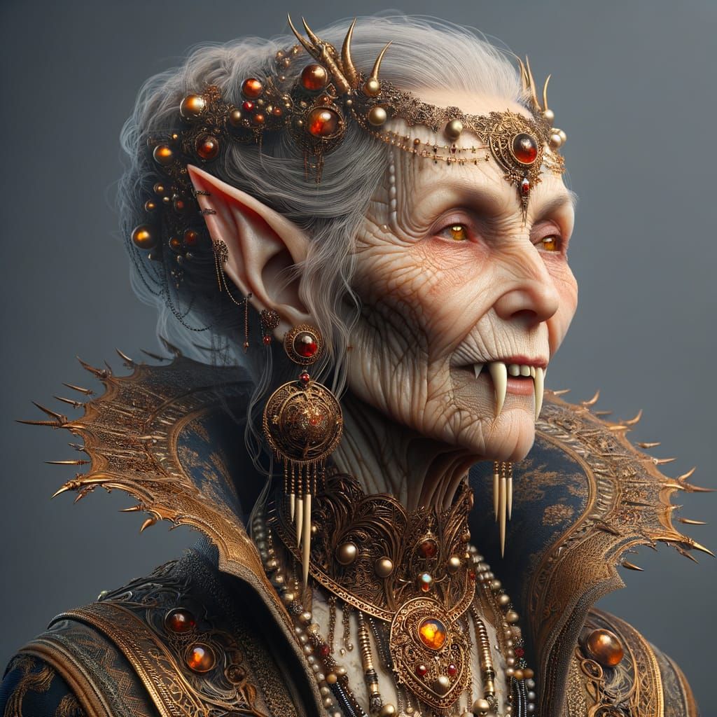 Hyperrealistic Portrait of Elderly Fantasy Woman with Fangs