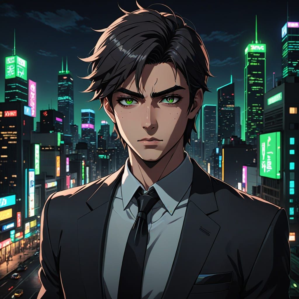 Anime Male Lead in Moody Cityscape