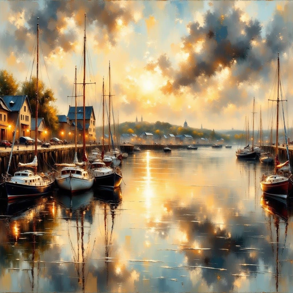 Impressionist Harbor Scene at Golden Hour