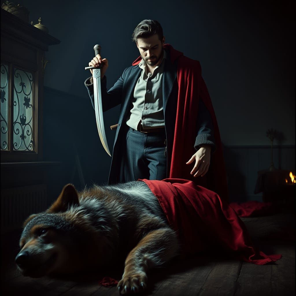 Gothic Hero Huntsman Defeats Big Bad Wolf in Dark Cottage