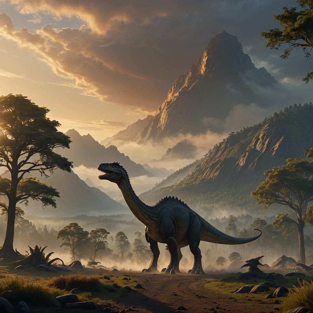 Majestic Dinosaur in Misty Valley: Digital Art
