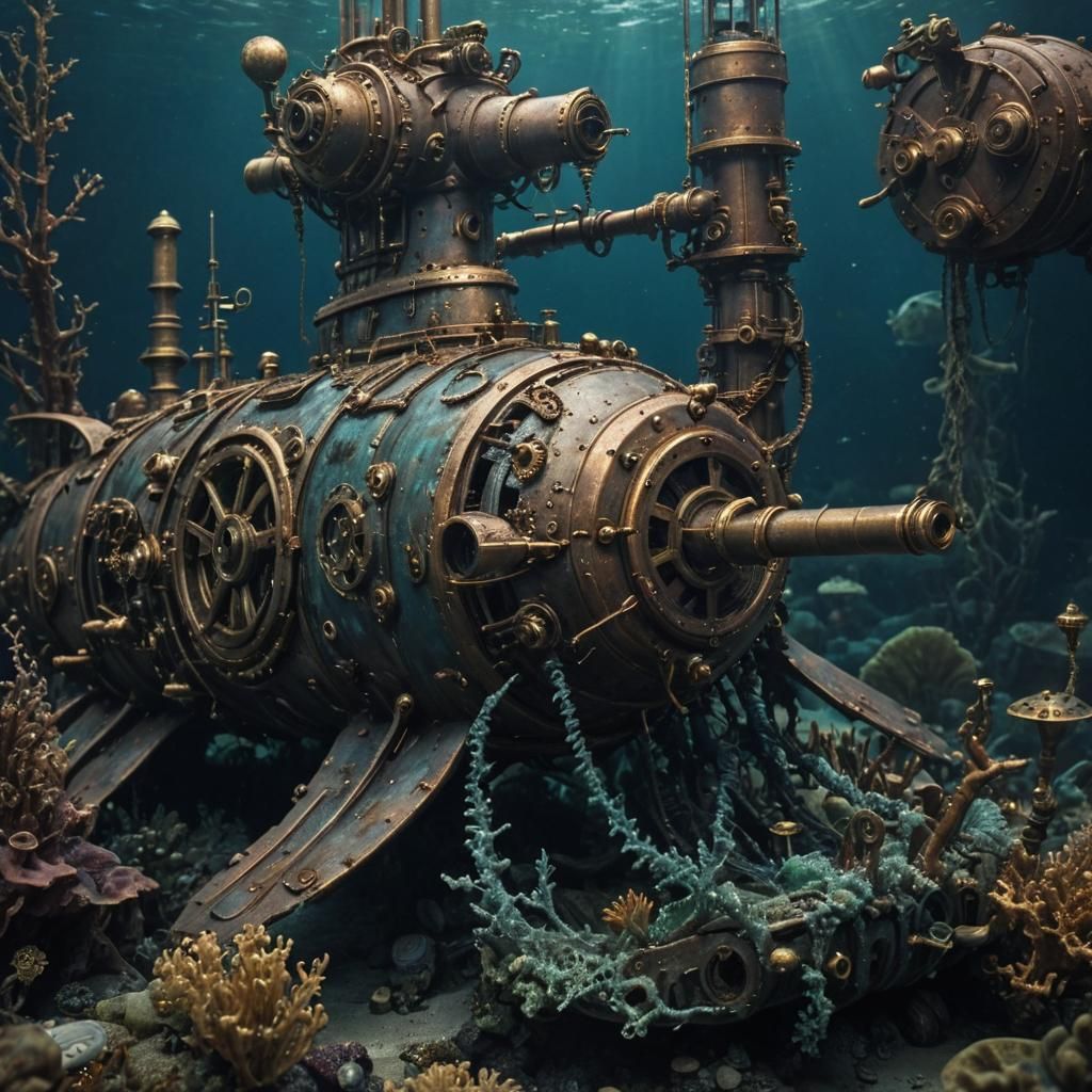 Steampunk Submarine on Ocean Floor in Sci-Fi Style