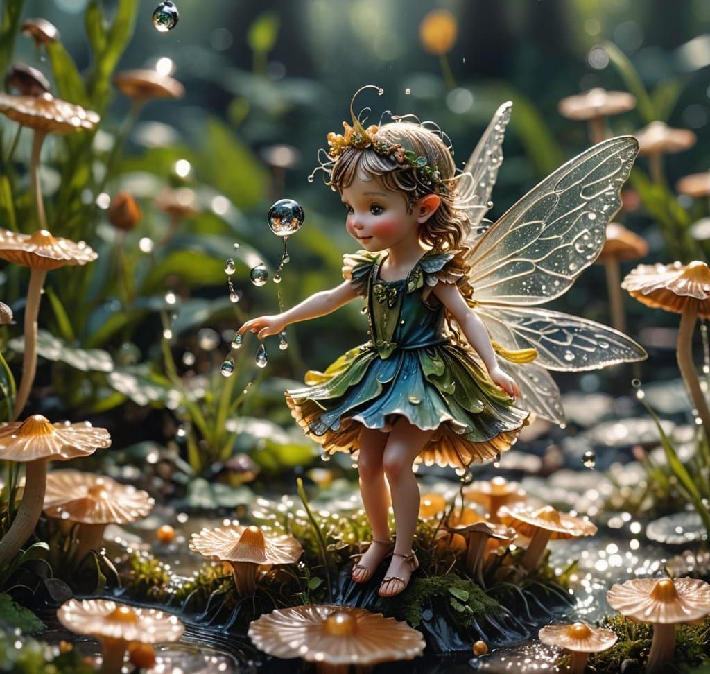 Macro Photograph of a Fairy Dancing on a Mushroom