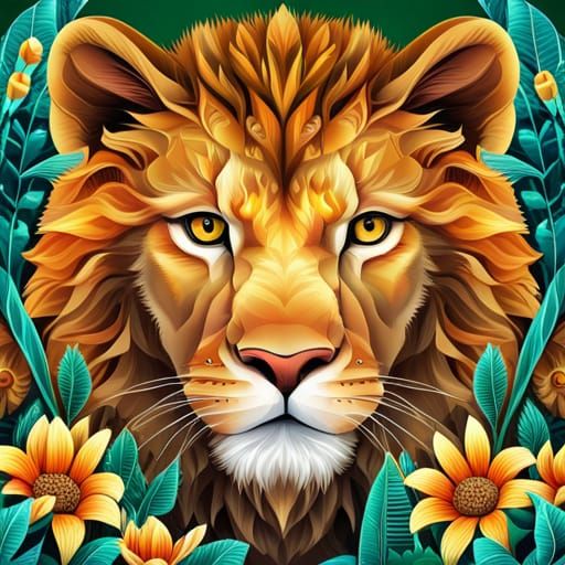 Realistic Lion Cub in Colorful Flower Garden