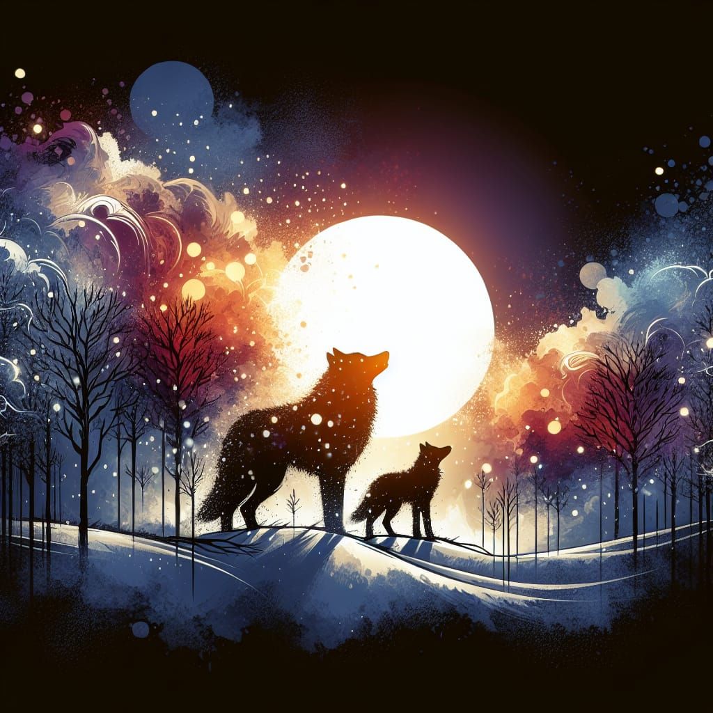 Wolves Silhouetted at Winter Sunset: Digital Watercolor Art