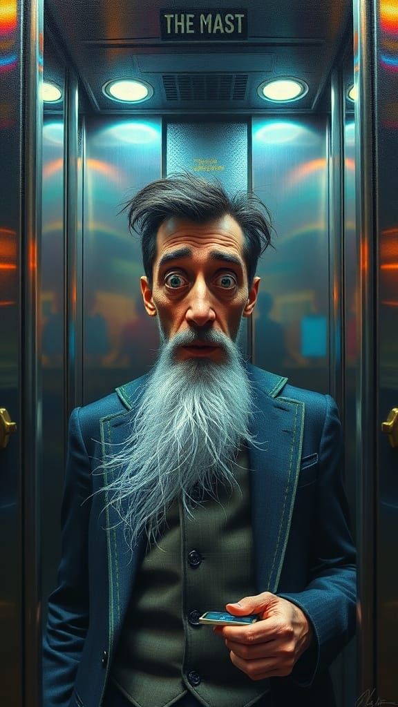 Man Sneezes in a Elevator Tim Burton contrasting colors deep...