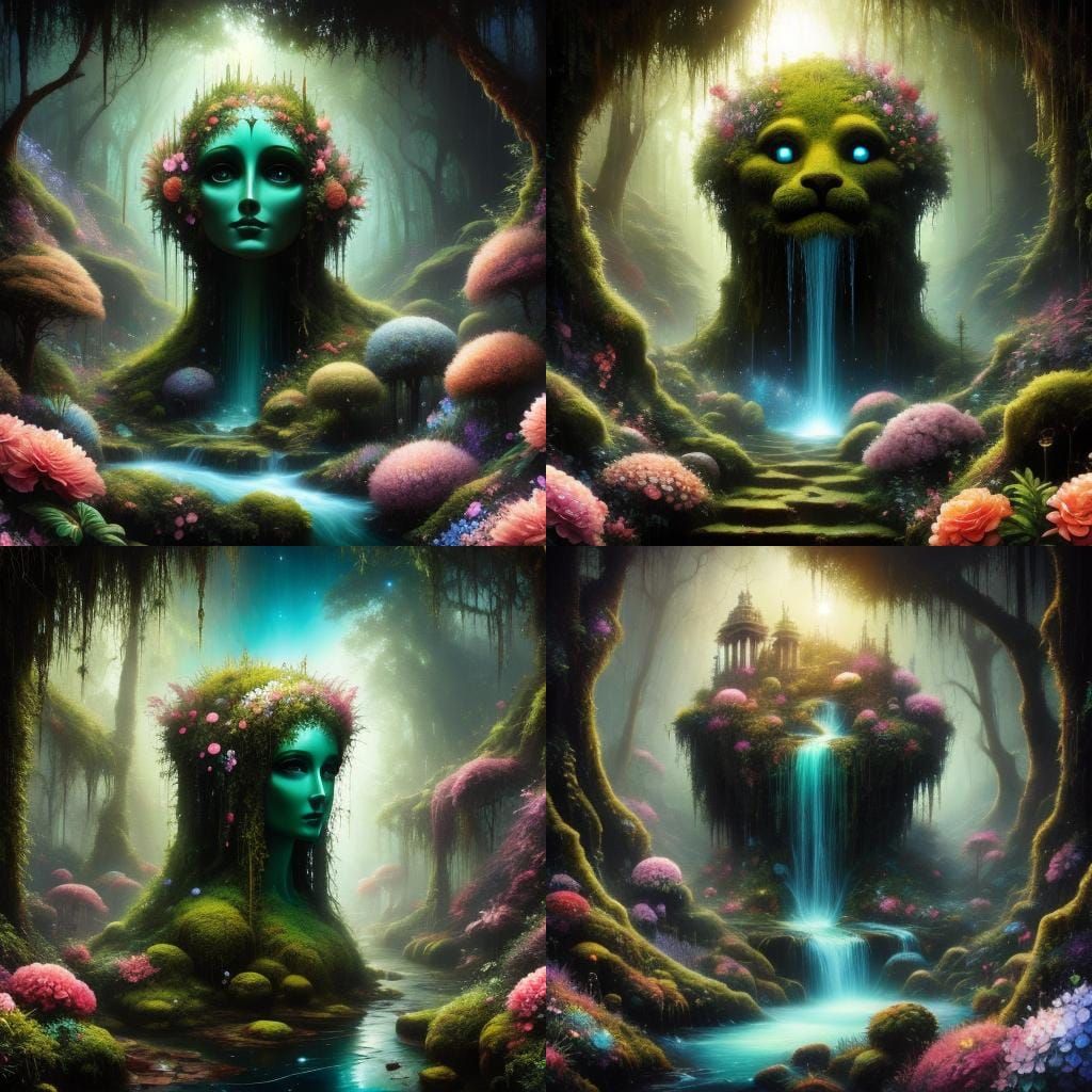 Statue in Flowery Jungle Valley, Surreal Illustration