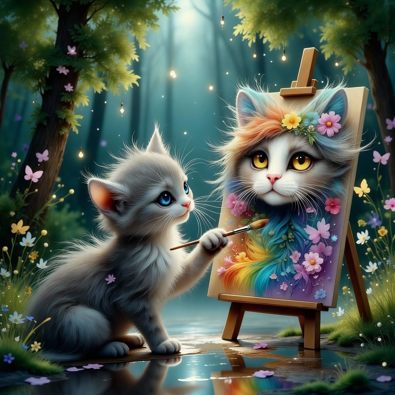 Grey Kitten Painting Self Portrait in Ethereal Fantasy Mist