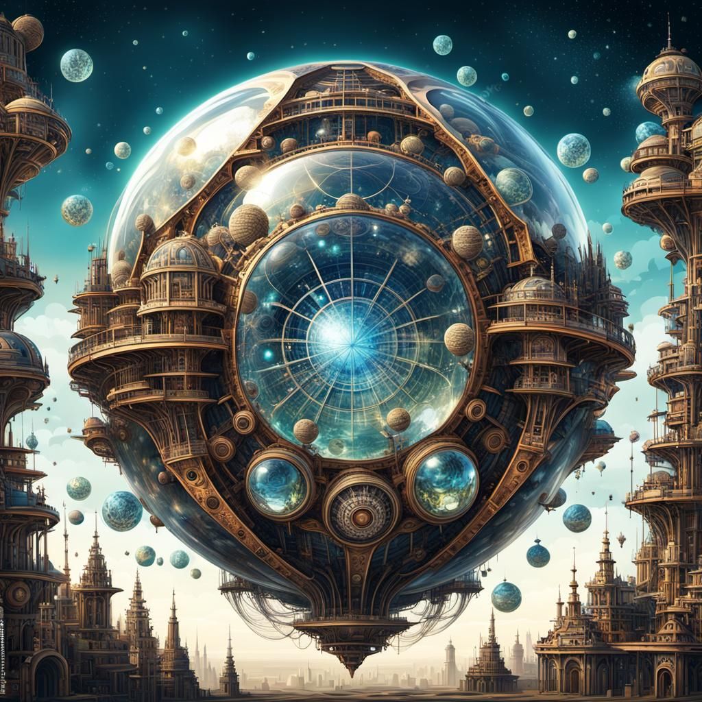 Crystal Alien Steampunk City Floating in Cosmos