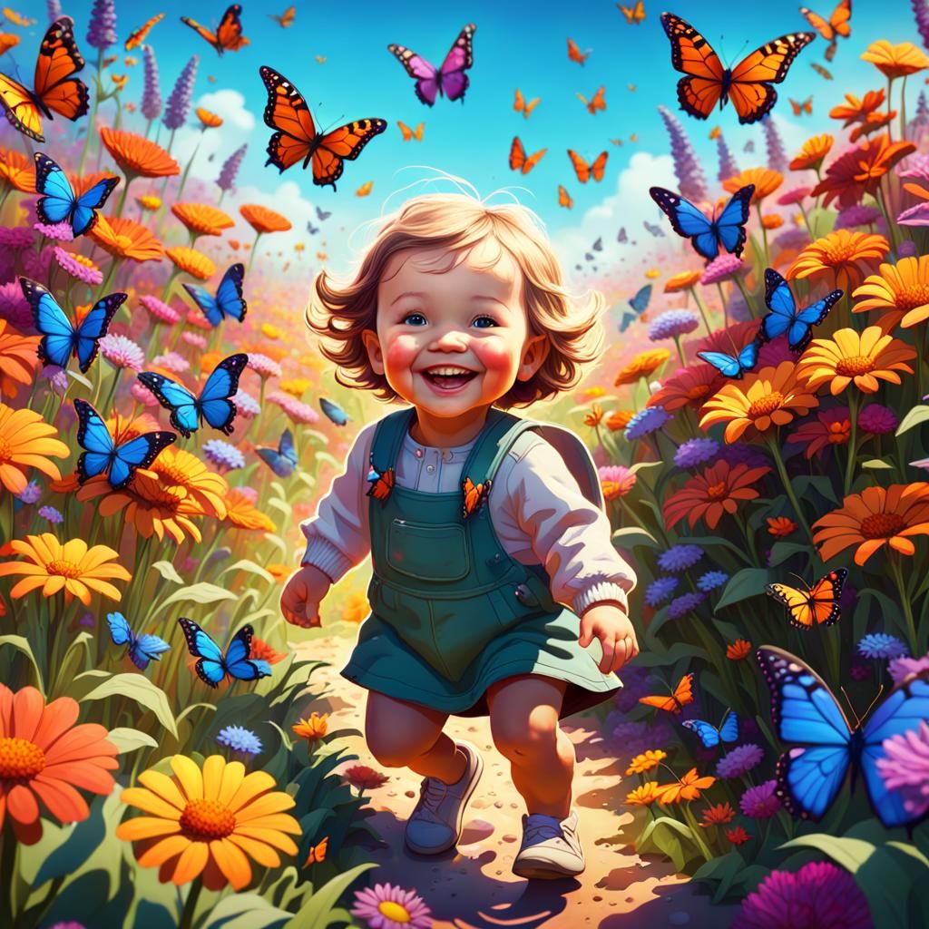 Toddler in Flower Field with Butterflies: Fantasy Art
