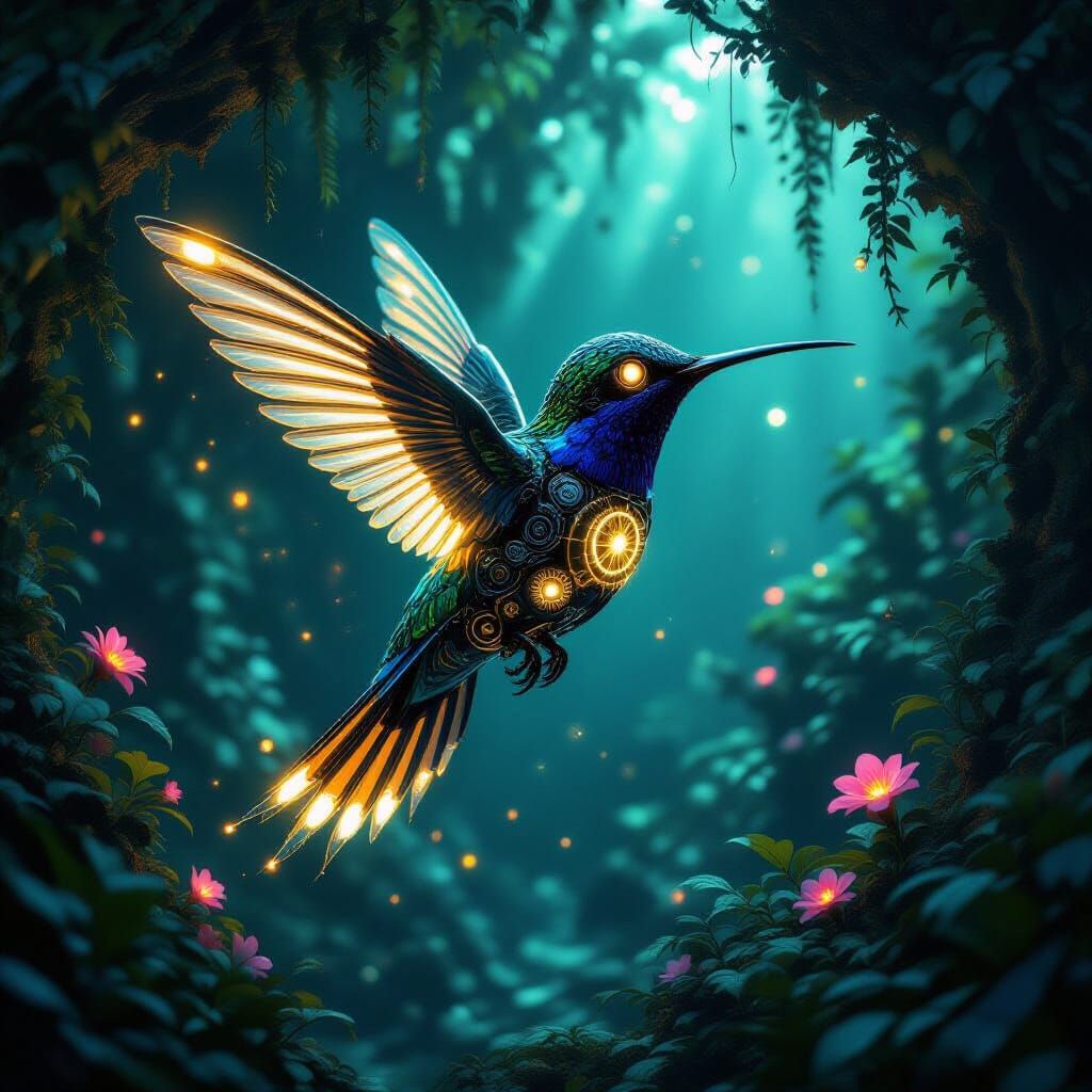 Bioluminescent Biomechanical Hummingbird in Grotto
