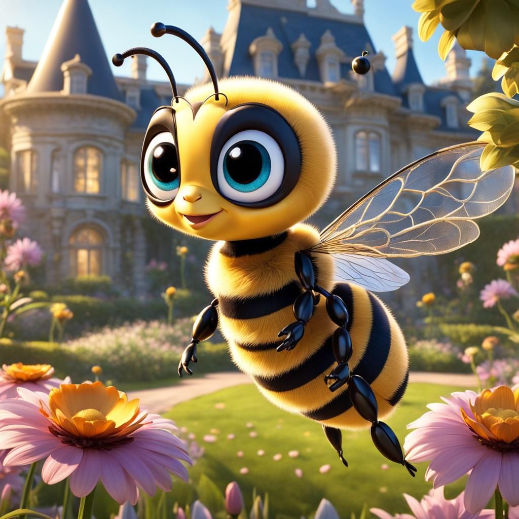 cute baby bee with big shiny eyes with iridescent wings, gla...