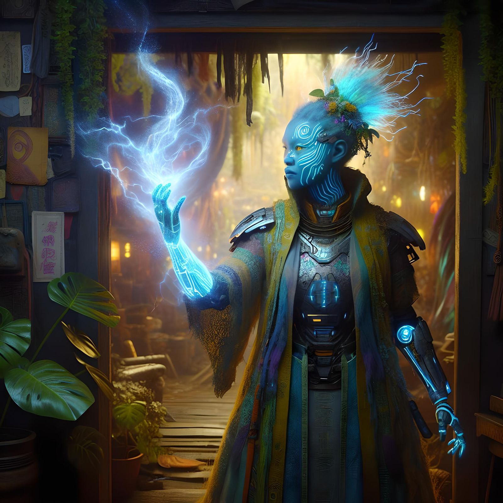Magical Blue Wizard Casting Electric Power