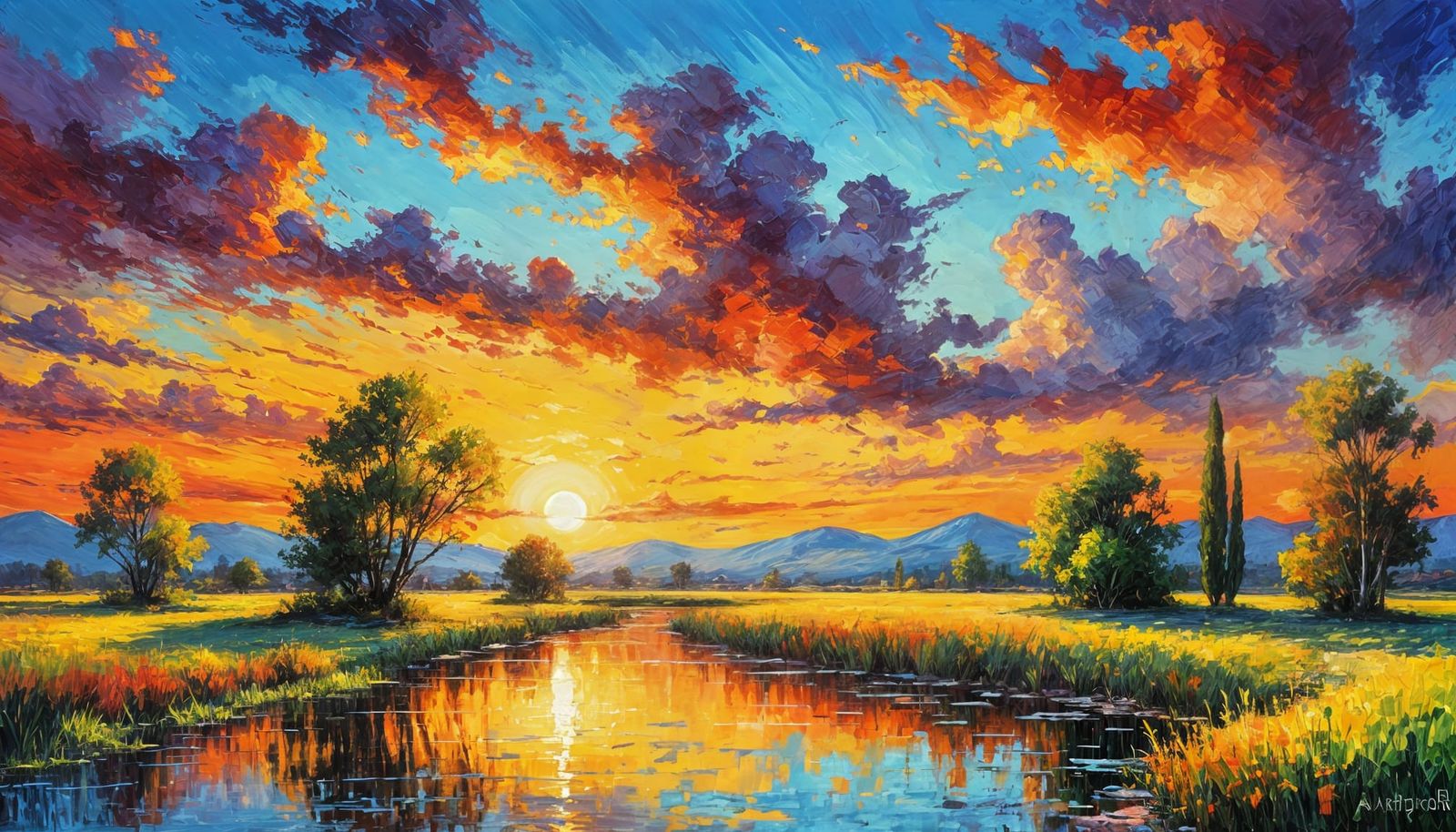 Vivid Sunset Landscape in Impressionist Style