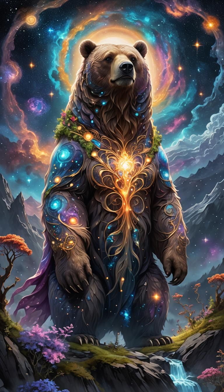 Ethereal Cosmic Druid Bear in High-Fantasy Style