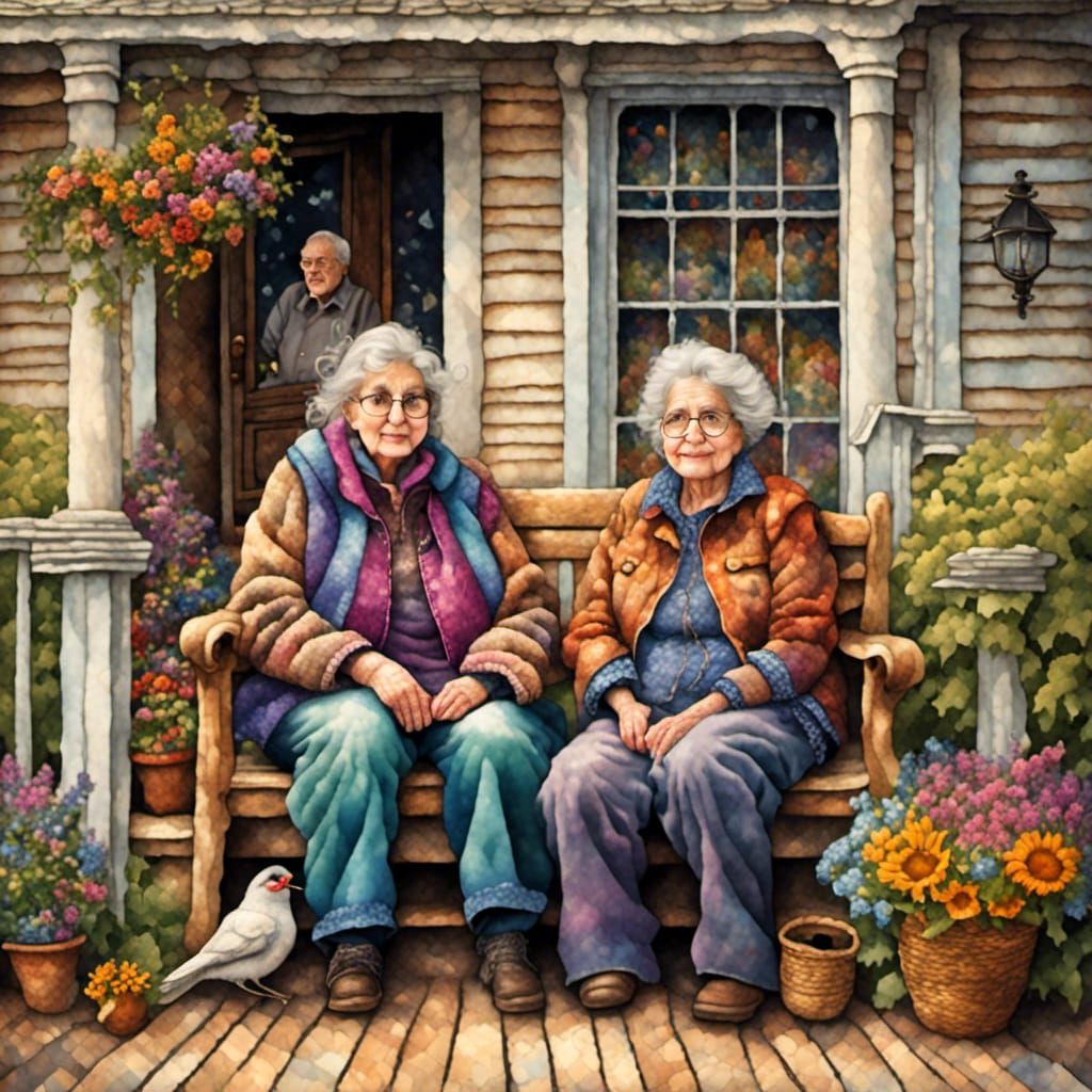 Grandma and Grandpa on Farmhouse Porch in Tapestry Style