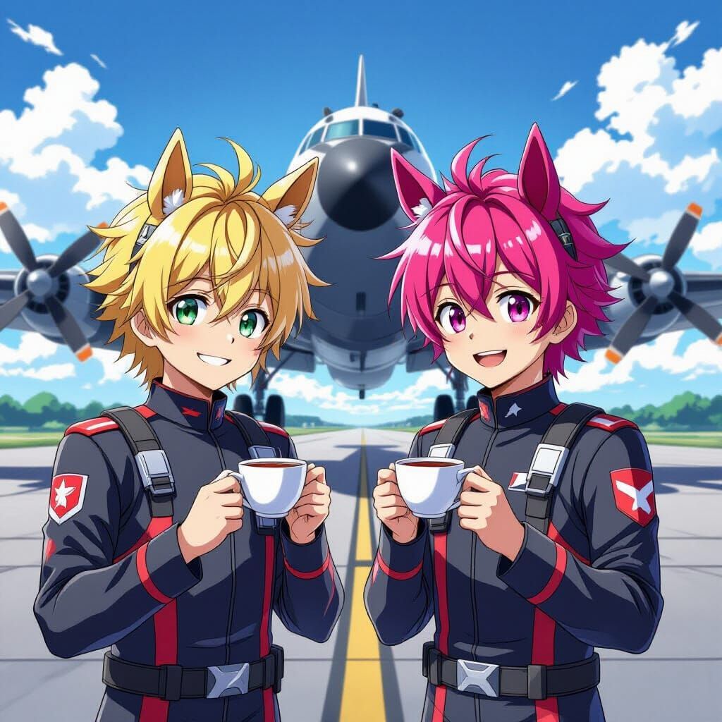 Anime Pilots with Horse Ears at Airfield