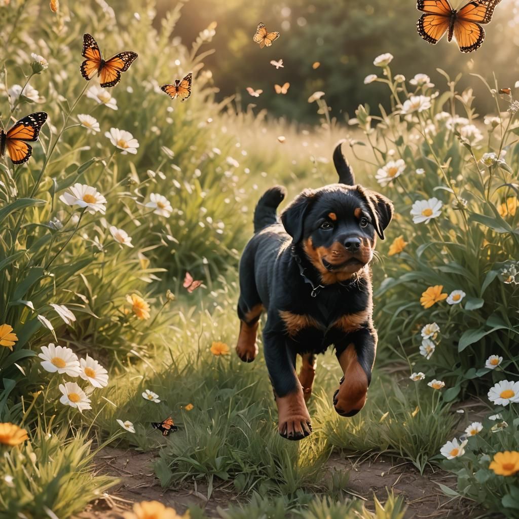 Rottweiler Puppy Chasing Butterfly in Impressionist Style