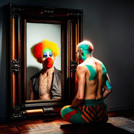 Steampunk Clown Reflection: Hyperrealistic 8k Art
