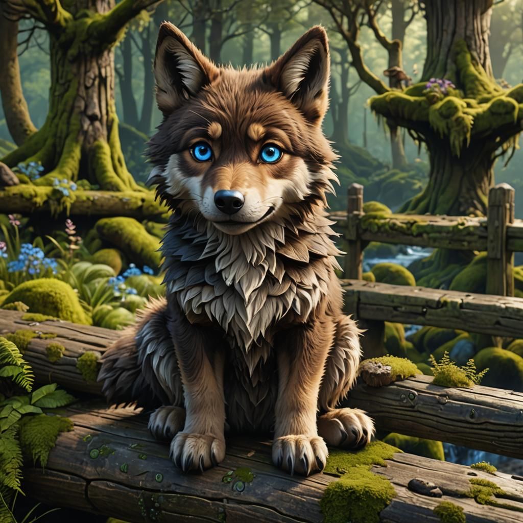Adorable Cartoon Wolf on Mossy Bridge