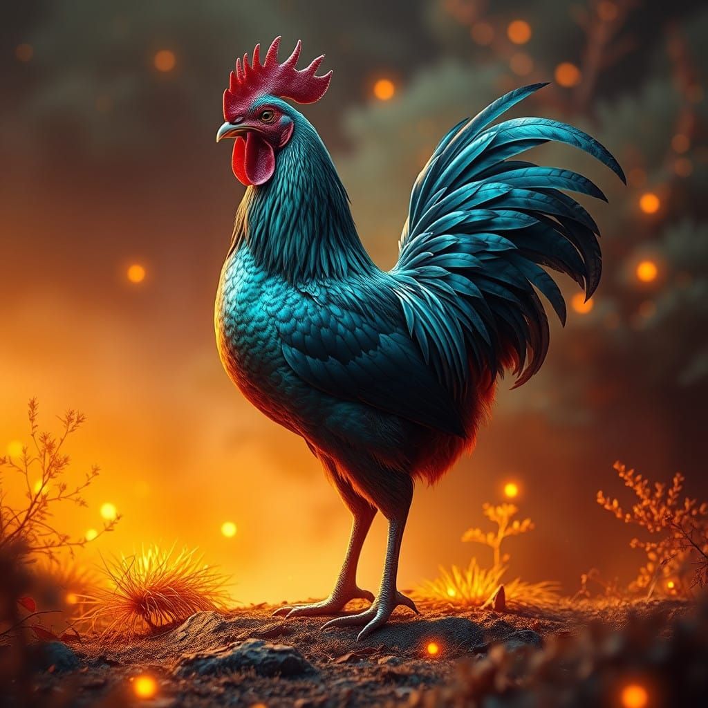 Majestic Iridescent Chicken in a Fantastical Landscape