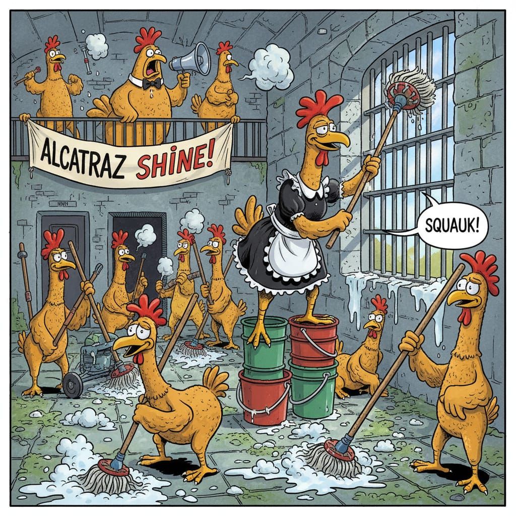 Goofy Comic Style Rubber Chickens Cleaning Alcatraz
