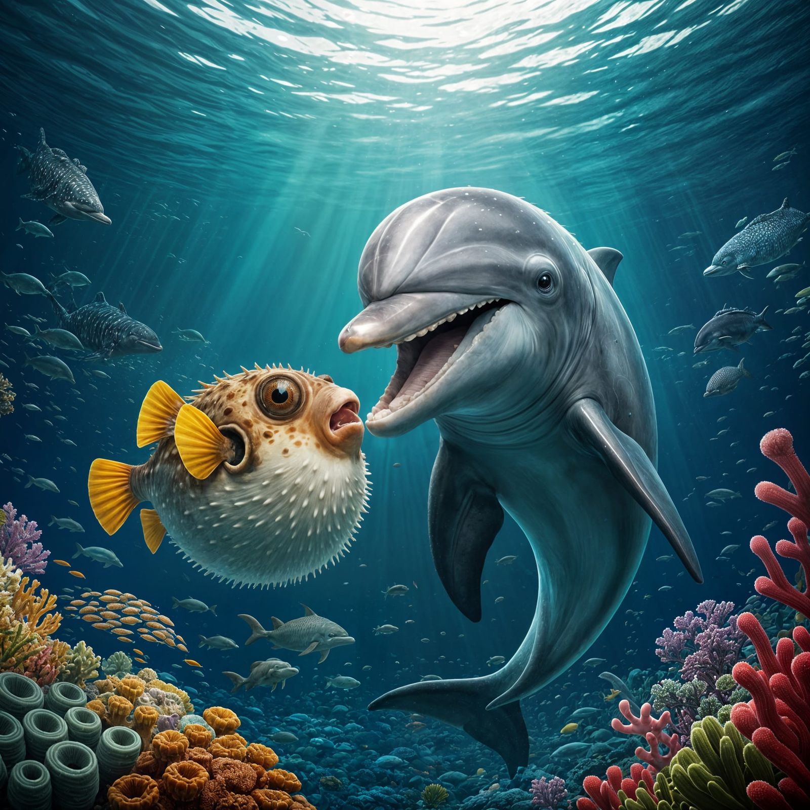 Playful Dolphin and Puffer Fish in Hyperrealistic Style