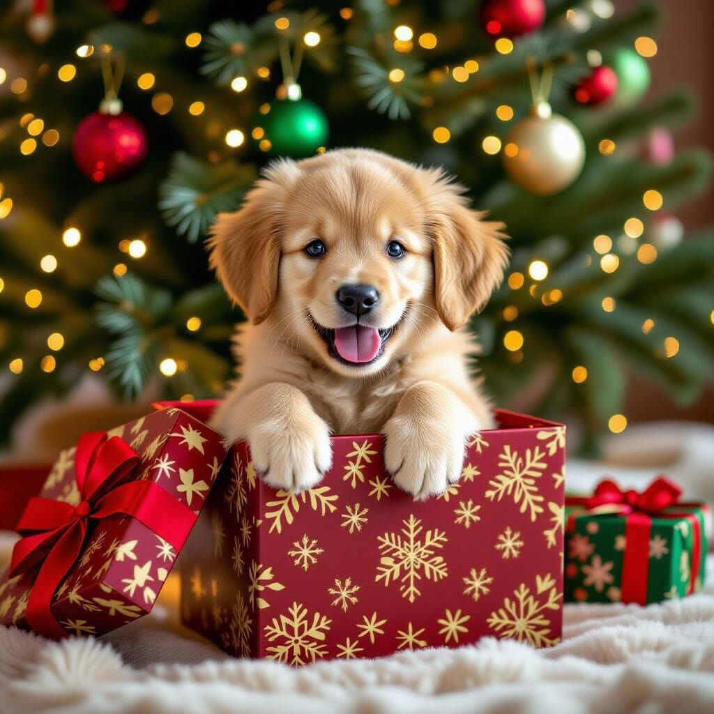 Golden Retriever Puppy Peeking From Christmas Gift Box