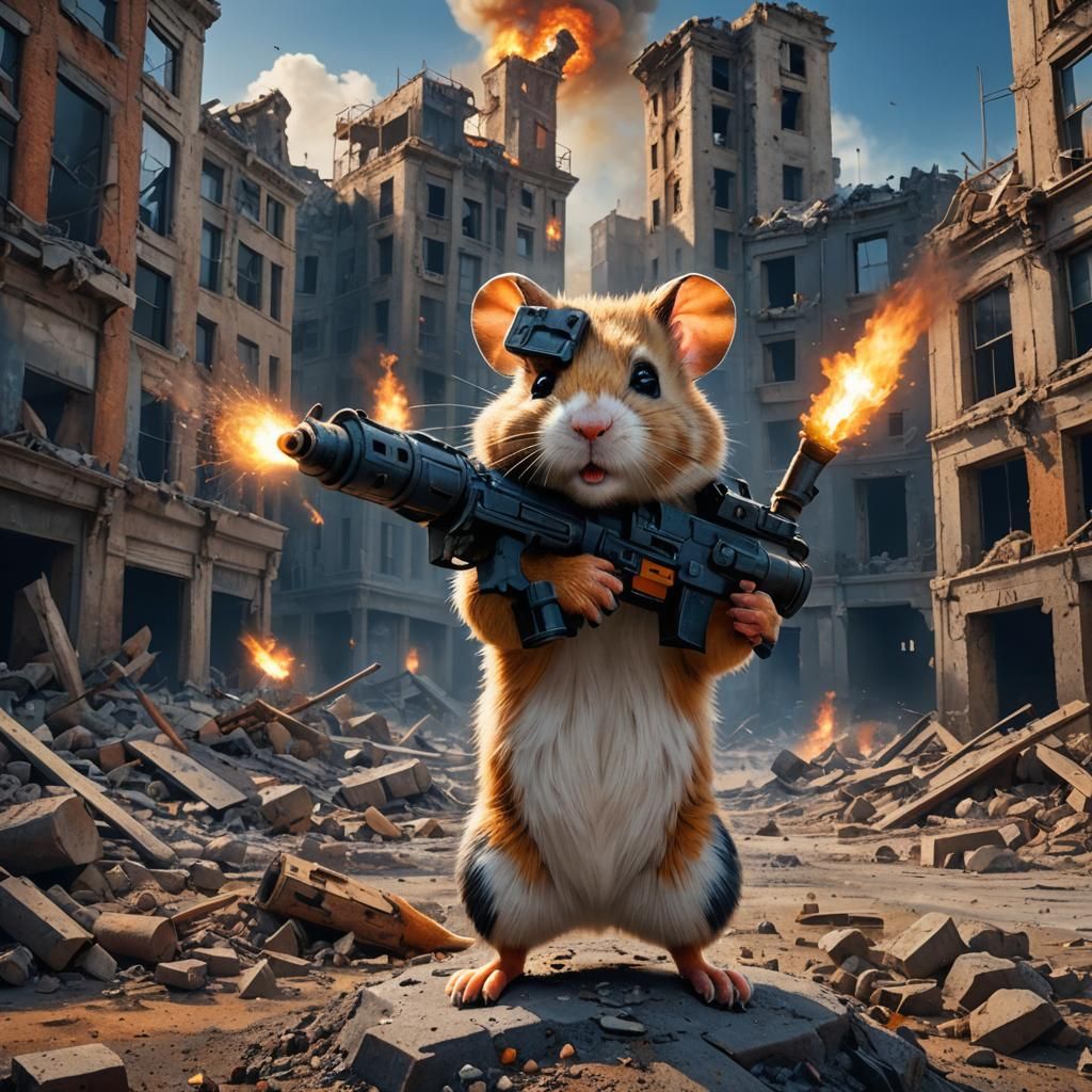 War Hamster in Ruined Cityscape: Gritty Concept Art
