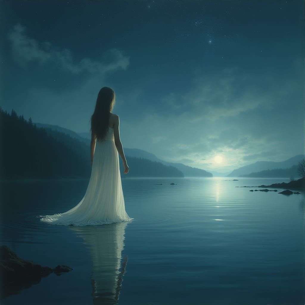 Girl Walking Towards a Distant Light on a Serene Lake at Nig...